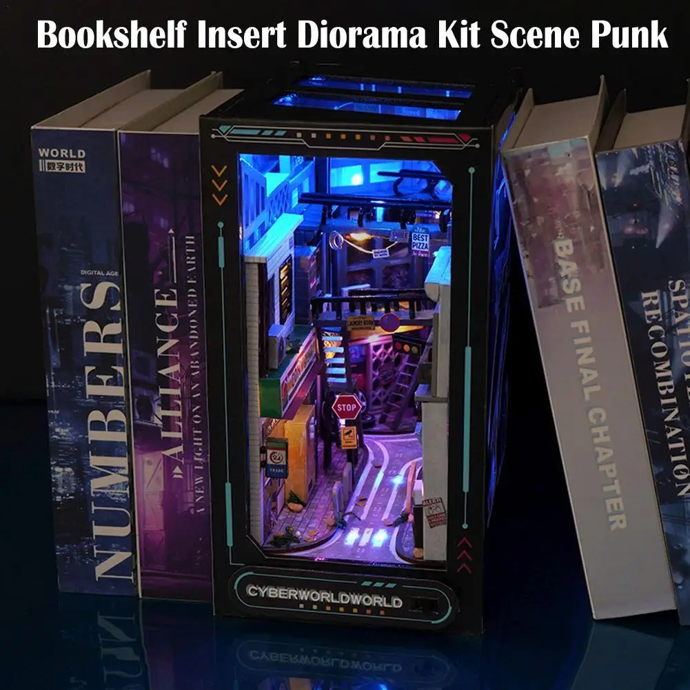 Cyberpunk Book Nook Kits for Adults Bookshelf Insert Decor Alley 3D Wooden Puzzle Bookend DIY Craft Kits Gift with LED Light