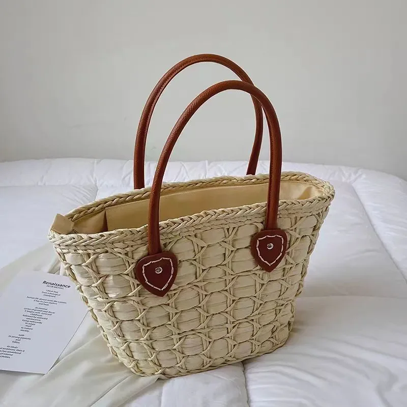 Retro European American woven straw tote bag for women beach handbag large capacity vegetable basket shoulder bag view 3