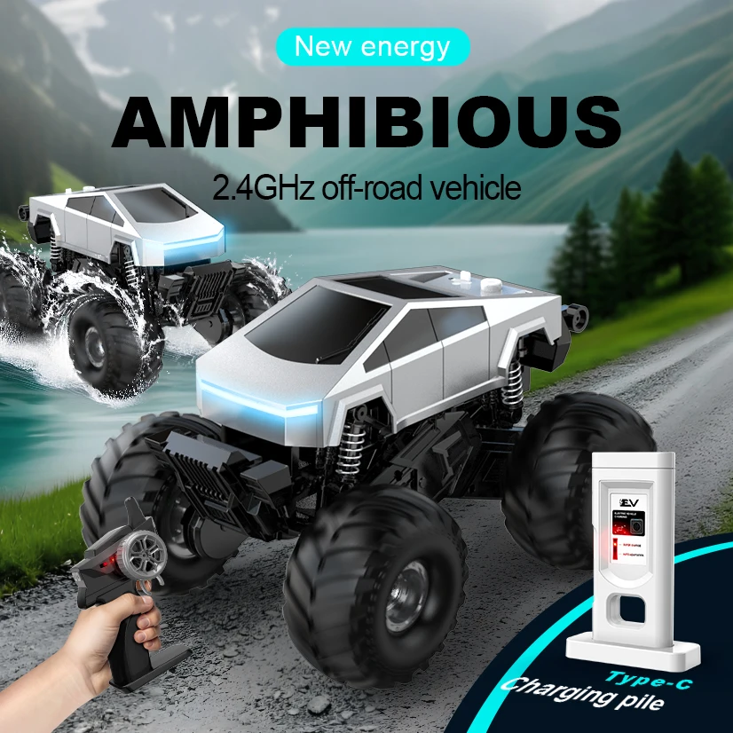 

Amphibious remote control car, Tesla RC four-wheel drive high-speed off-road Cybertruck, children's toy remote control car