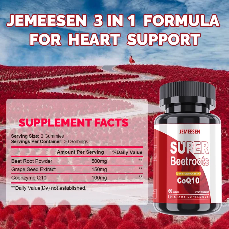 JEMEESEN - علكة Beetroot JEMEESEN - كبسولات مسحوق Beetroot مع بذور العنب، CQ10، تساعد على الحفاظ على ضغط الدم الصحي