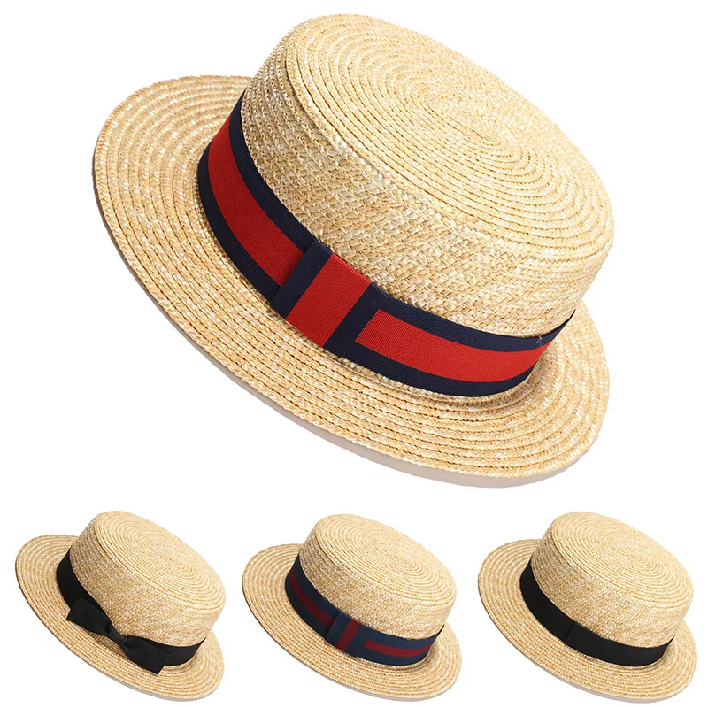 Premium Wheat Straw Boater Hat Women, Wide Brim Natural Handwoven Sun Hat with Detachable Ribbon Bow Summer Eco-Friendly