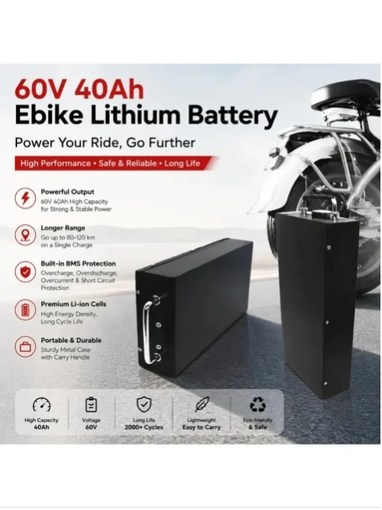 60V 40Ah Lithium-Akku für Elektrofahrräder, Gepäckträger-Akku für E-Bikes mit integriertem BMS-Schutz, bis zu 1000 Ladezyklen, wasserdichter Ersatzakku für Elektrofahrräder
