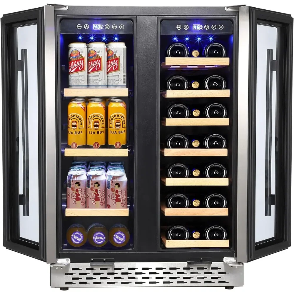 24 Inch Wine Cabinet with Quiet Compressor, Blue LED, 55 Cans and 20 Bottles Large Dual Zone Cooler, Large Dual Zone Bar Cabinet