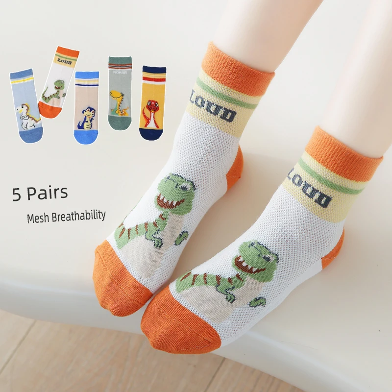 

Children's Socks Spring And Summer Mesh Pure Cotton Boys and Girls Cartoon Dinosaur Breathable Thin Socks 5 Pairs 1-12 Years