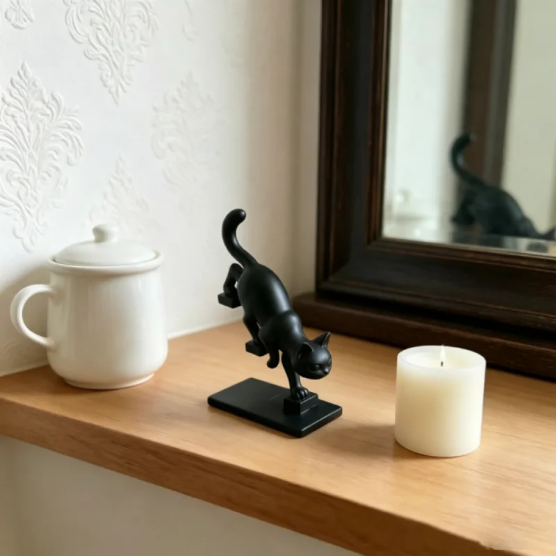 Leaning Forward Cat Figurine,Abstract Black Kitten Statue With Base For Desk Shelf Indoor Home Tabletop Decor,3D Print Craft