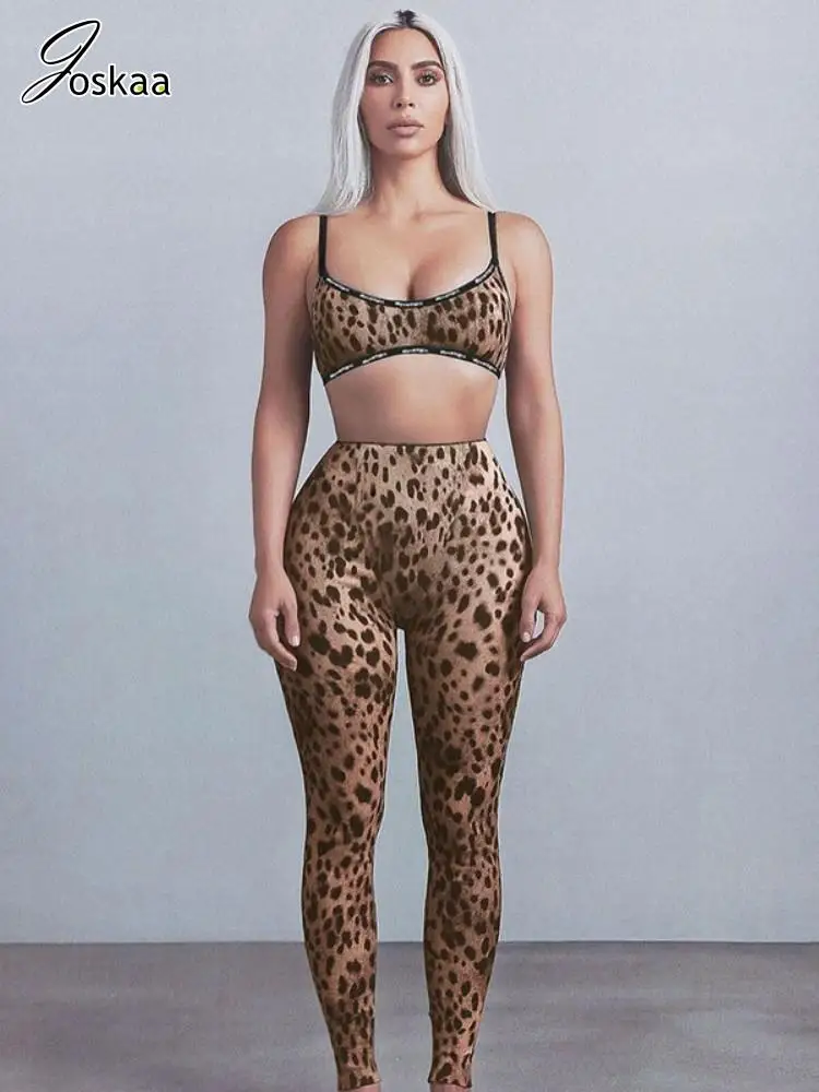 

Joskaa Leopard Print Women Pants Suit Casual Crop Camisole and High Waist Straight Trousers 2 Piece Set 2025 Activity Tracksuits