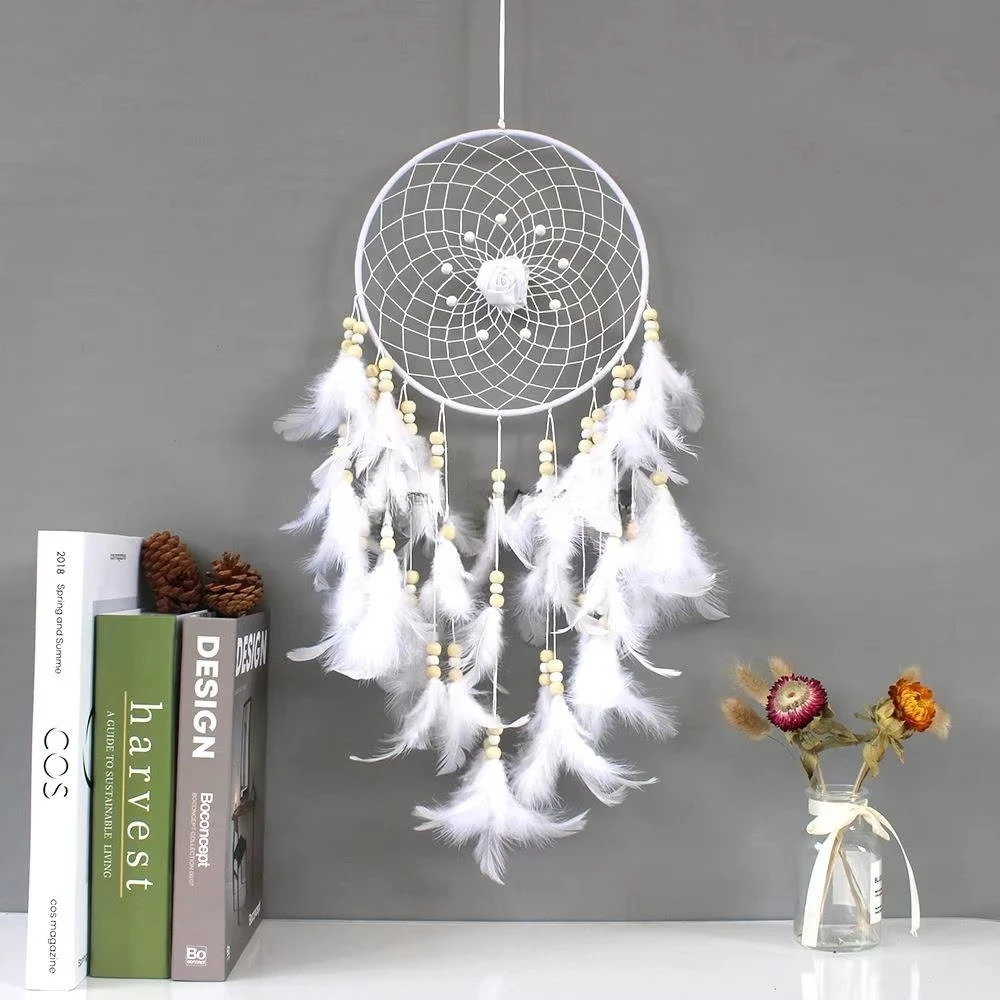 New Design Dream Catcher with Feather Colored Beads Light Kids Girls Bedroom Home Decoration Big Feather Dream Catcher