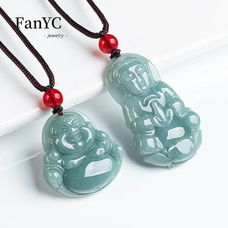 Myanmar A-goods Jadeite Blue Water Guanyin Buddha Pendant Fashion Simple Men and Women Ice Jade Necklace Lucky Amulet