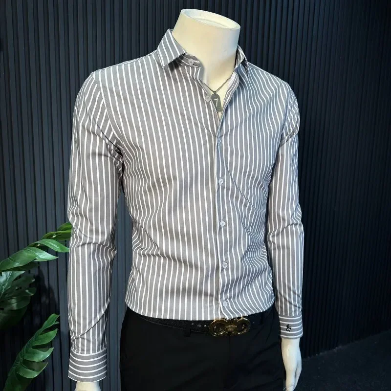 Men's Striped Long Sleeve Shirt Wrinkle-Resistant Embroidered Luxury Business Casual Blouse