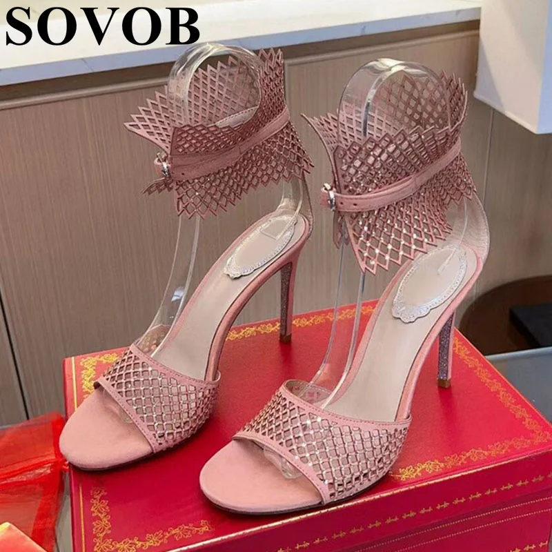 

Women Bling Rhinestone Decor Thin High Heel Sandals Summer Mesh Ankle Strap Hollow Outs Sandalias Sexy Party Dress Fairy Shoes