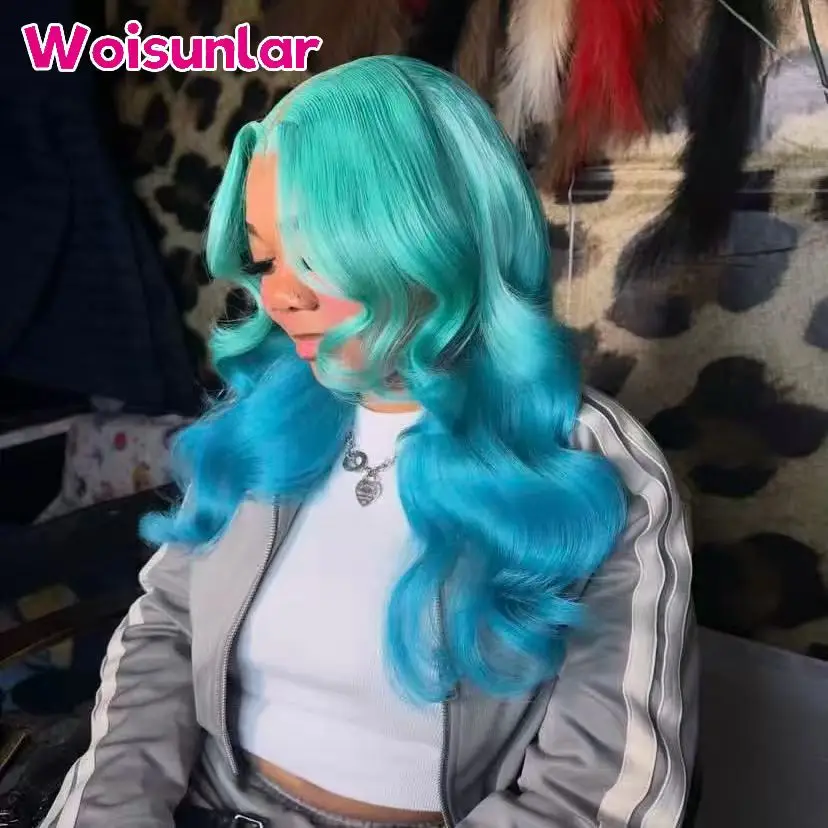 

36 inches Ombre light blue and blue Front Lace wigs human hair 13x4 Transparent Lace Body wave Black Women Natural Human hair