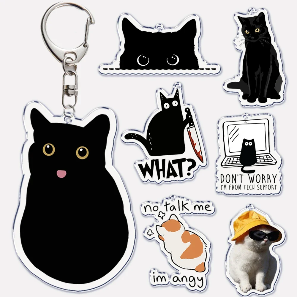 Cute Black Cat Blep Tongue Acrylic Keychain Not Talk To Me I Am Angry Keyring Key Ring Chains for Bag Pendant Aaccessories Gift