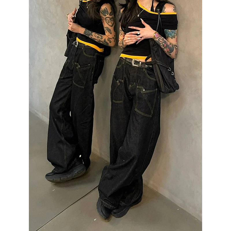 

ZHIZOU женские черные джинсы с высокой талией винтажные прямые мешковатые брюки 2000-х годов уличная одежда Y2K широкие джинсовые брюки в американском стиле
