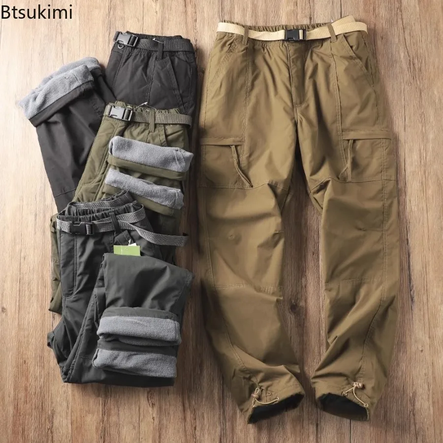 2025 Men's Cargo Pants Winter Thicker Waterproof Fleece Tooling Pants Multi-pockets Design Men Outdoor Loose Straight Trousers