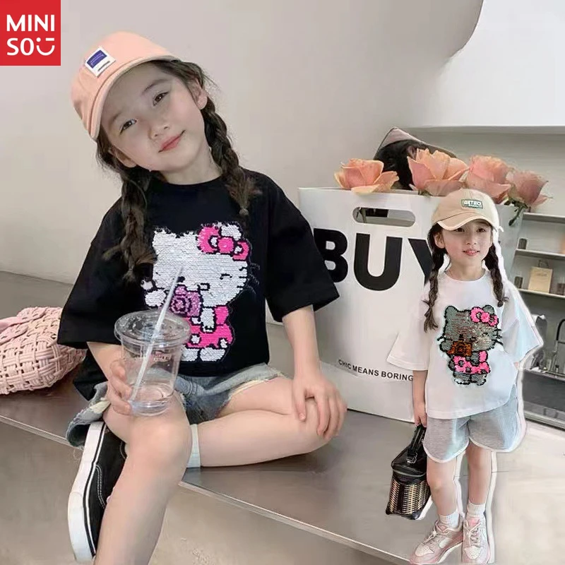 

Miniso Reversible Glitter Kids Cotton Bead Color Change Cartoon Summer Short Sleeve Face Change T-Shirt Girls Street Fashion