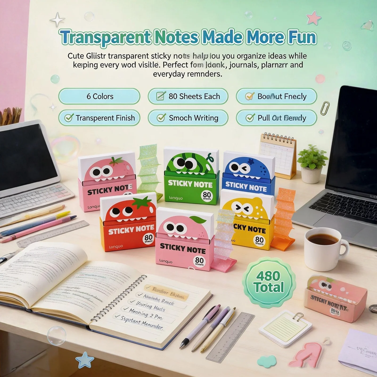 Translucent Pull-Out Sticky Notes Frosted Pearl Surface Removable Index Tabs Memo Pad Office School Supplies Stationery