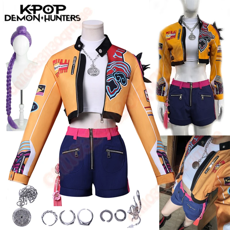 새로운 Kpop 악마 사냥꾼 루미 코스프레 의상 가발 1.2m 유니폼 할로윈 카니발 파티 크리스마스 놀이 역할 의류 의류 여성