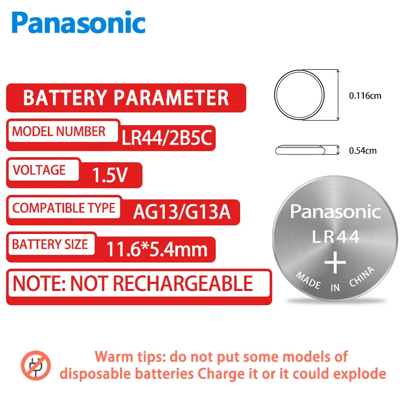 10PCS Panasonic Alkaline Battery LR44 A76 AG13 LR1154 SR1154 SR44 GP76 1.5V For Watch Clock Calculator Electric Toy Button Cell