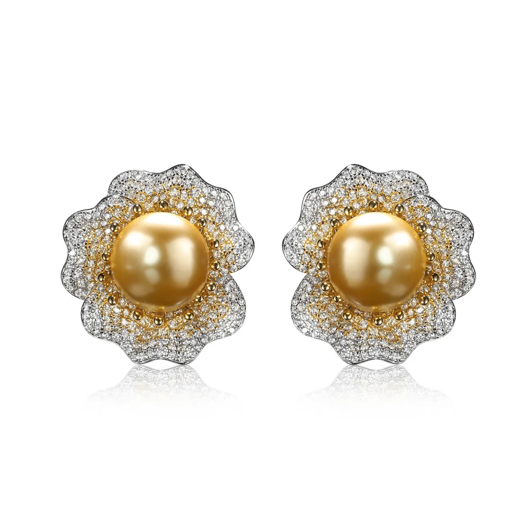 TLS 925 Pure Silver Nanyang Gold Pearl Luxury Fashion Flower Women's Ear Clip Study Earrings Party Boutique Jewelry