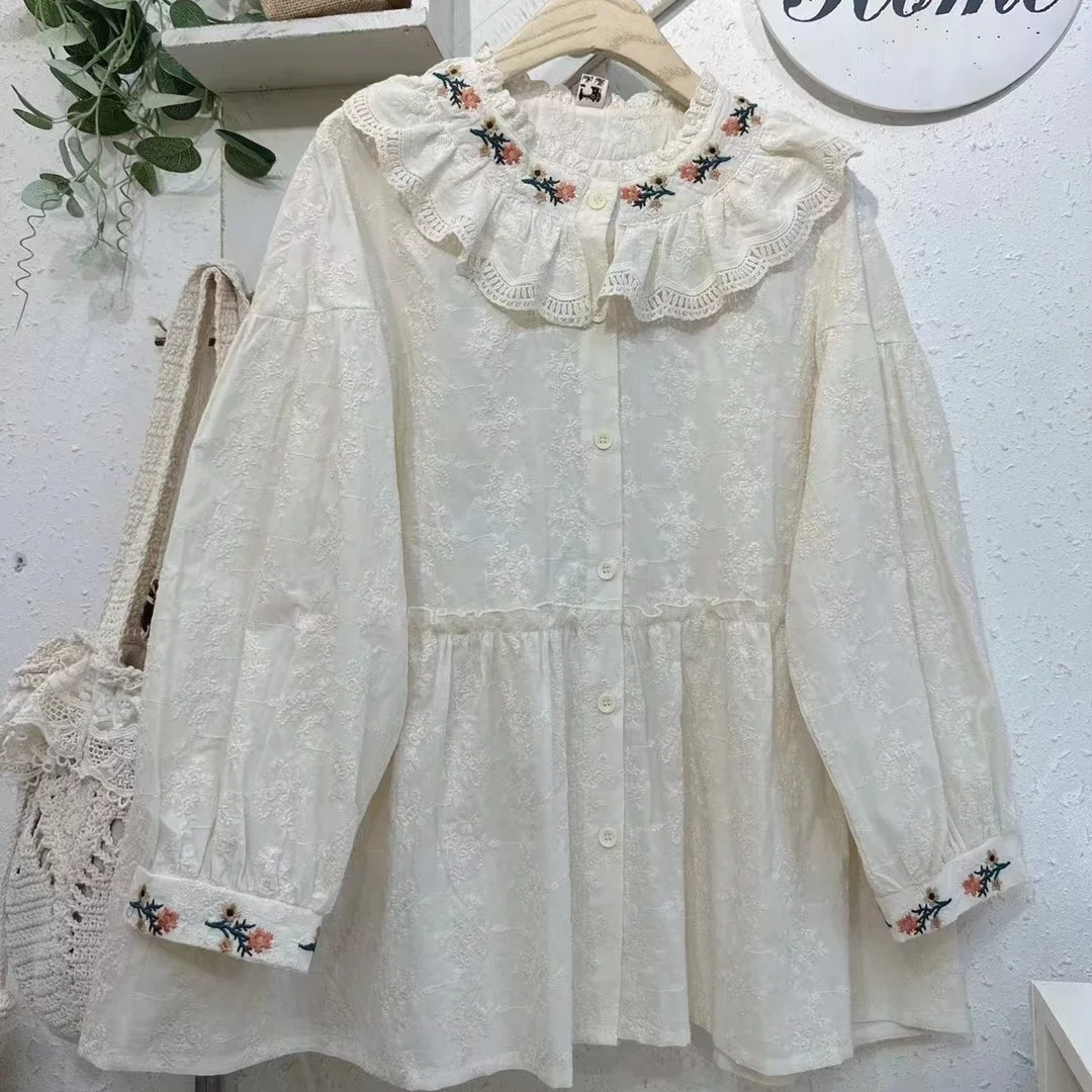 Female Japanese Mori Girl Retro Chic Cotton Ruffled Lace Floral Embroidery Shirt Vintage Cottage Core Sweet Tunic Loose Blouse