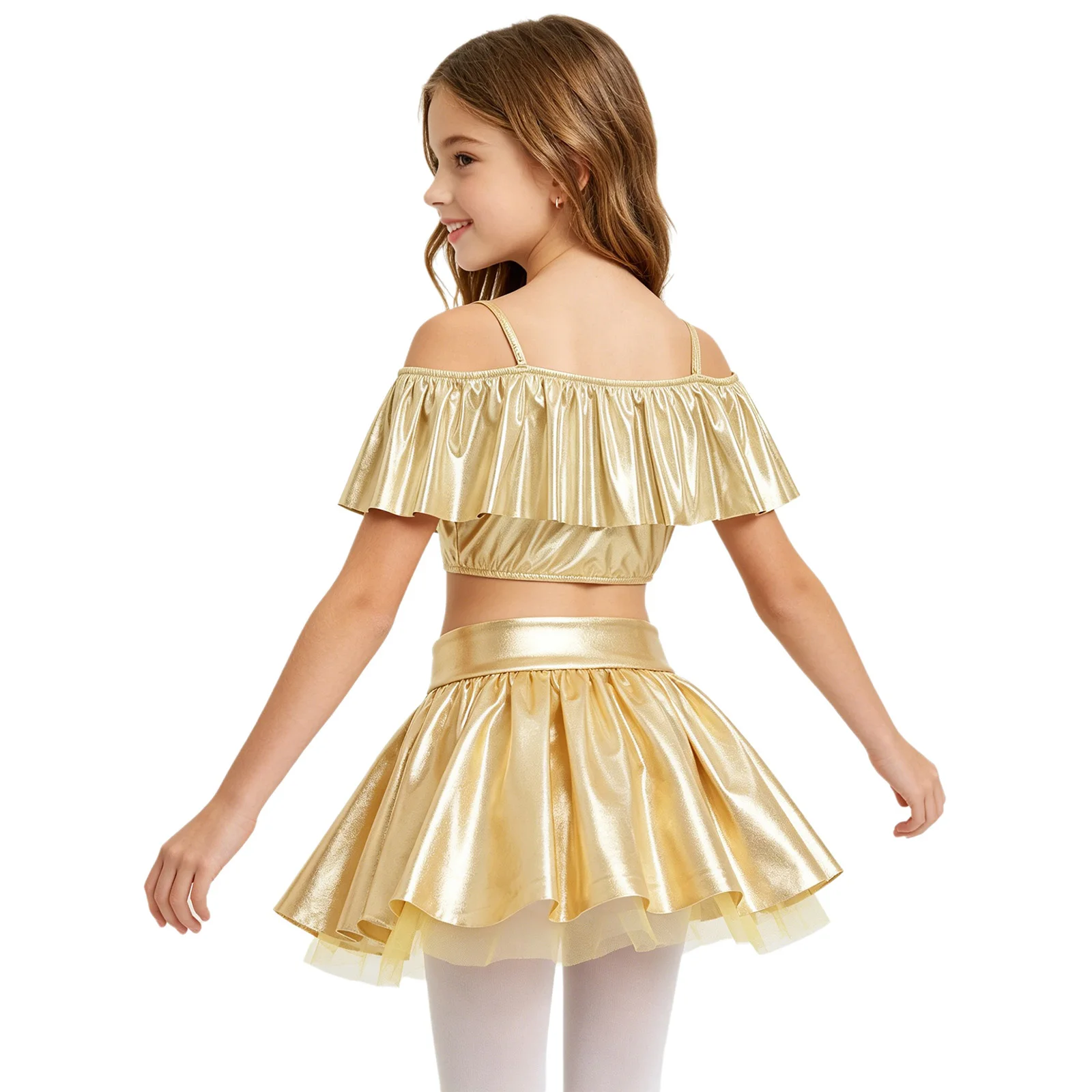 Kids Girls Hip Hop Jazz Dance Cheerleading Outfit Off Shoulder Spaghetti Straps Metallic Ruffles Crop Top with Shiny Tutu Skirt