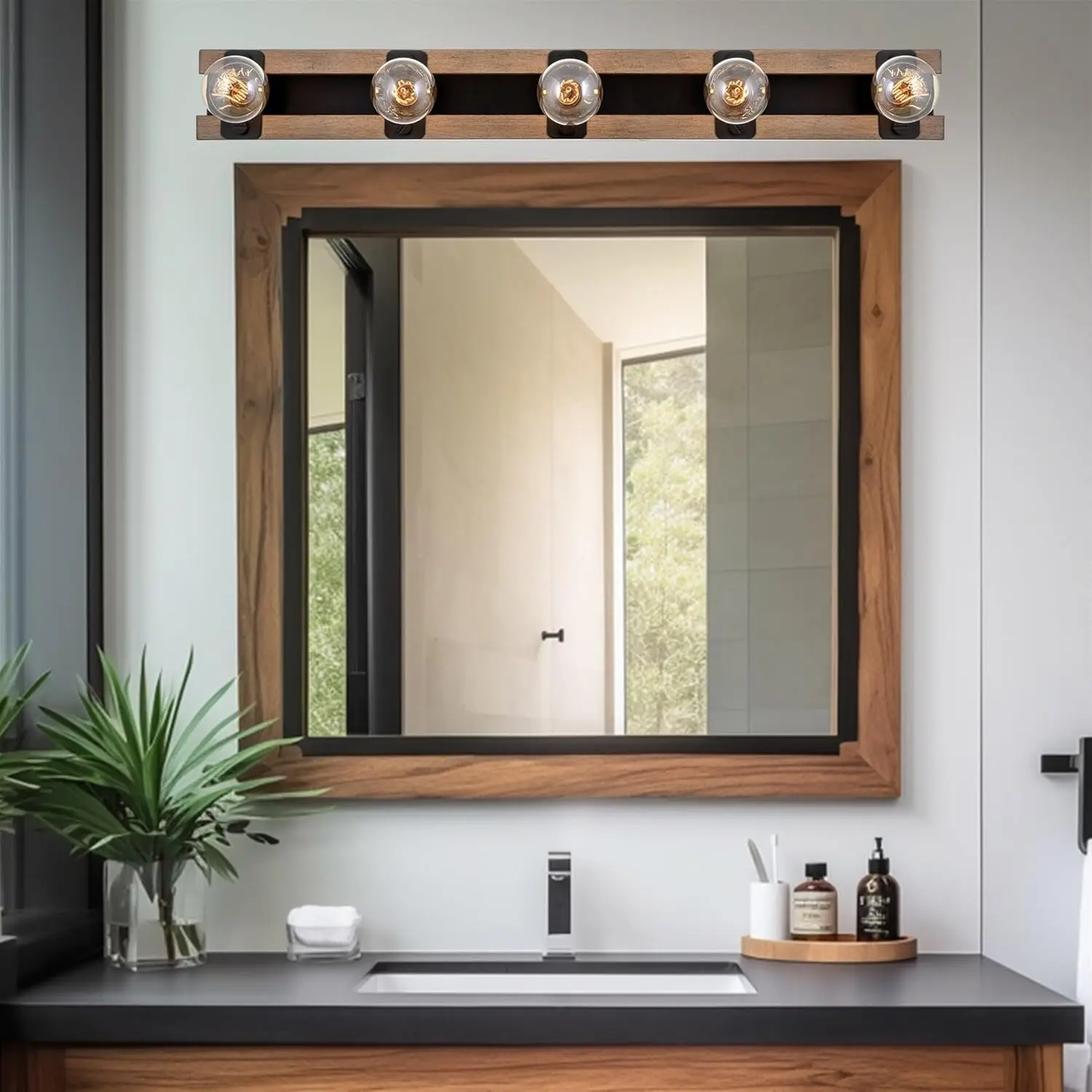 Hogan 36"" 5-Light Farmhouse Vanity/Bathroom Light Bar, Racetrack Bath Vanity, Open Design, Black + Smoked Birch Finish