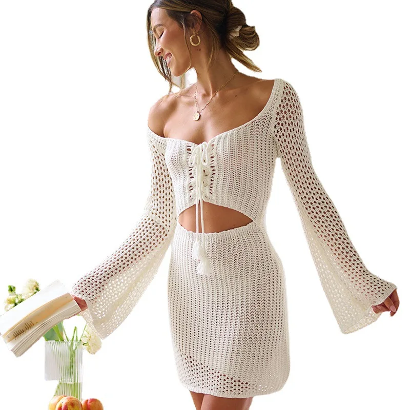 2023 Bikini Cover-up Beach White Crochet Tunic Knitted Summer Bodycon Mini Dress See Through Hollow Out Sexy Women Cover Up