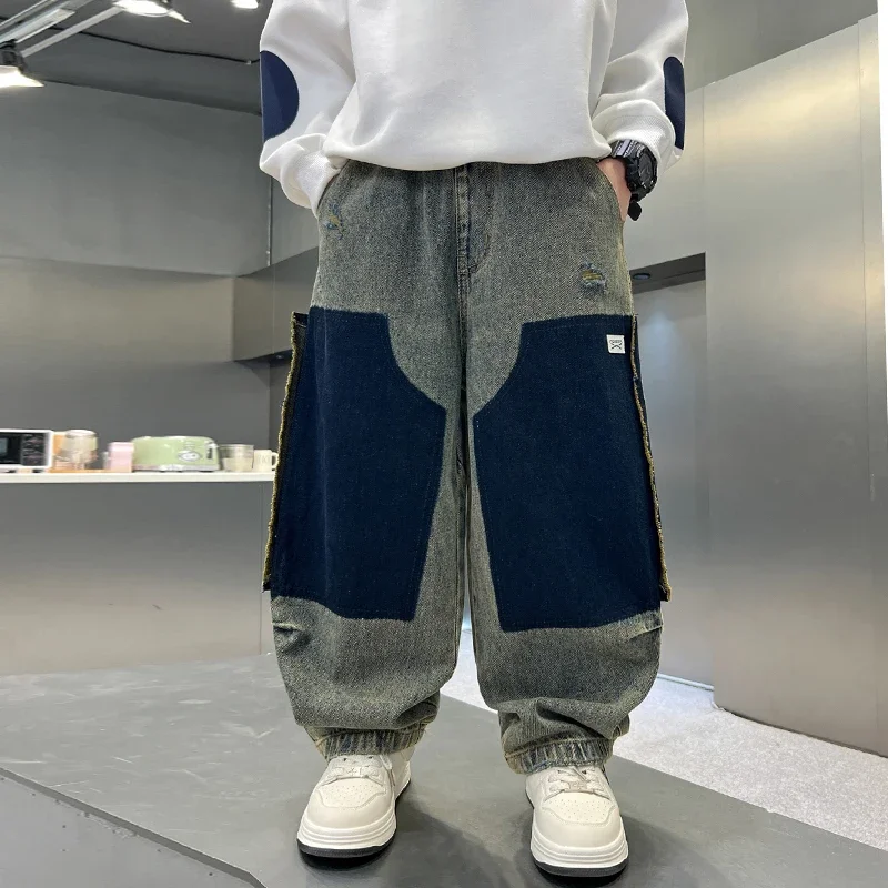 

NewBoy's осень/зима 2025, новый стиль, детские свободные лоскутные джинсовые брюки высокого качества в корейском стиле, 4-15 лет