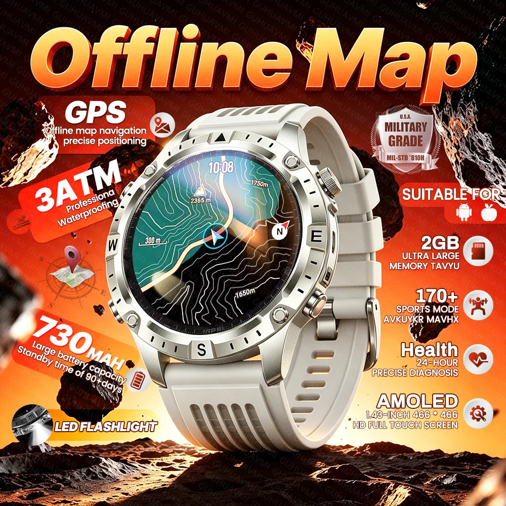 

New Offline GPS Map Smart Watch 730mAh Battery 3ATM Waterproof Flashlight Bluetooth Call AMOLED HD Men Outdoor Sports Smartwatch