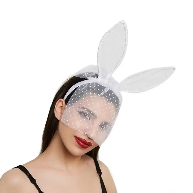

31BF Trendy Round Dot Lace Hairband Cosplay Headdress Props With Rabbit Ears And Sheer For Parties And Photos