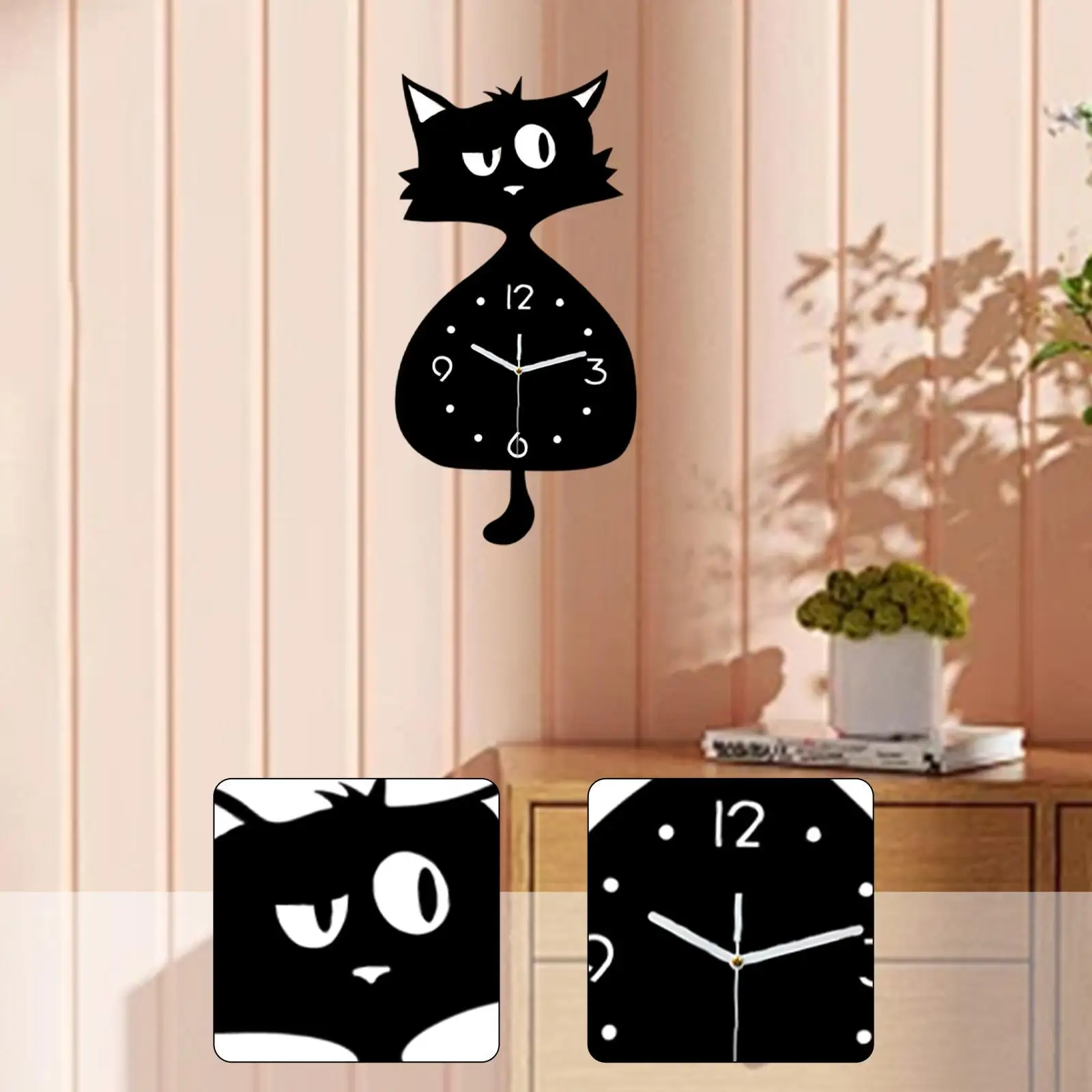 Kids Wall Clock Cat Shape Acrylic Non Ticking Modern Wall Decor Clock for Bedroom Nursery and Home Office