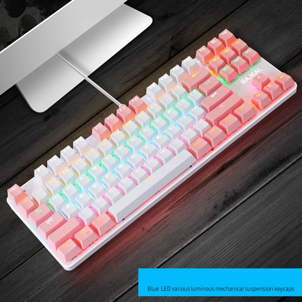 BAJEAL K100 Two-Color Keyboard 87-Key Green Axis Keycap USB Wired Mechanical Keyboard Gaming(White+Pink)