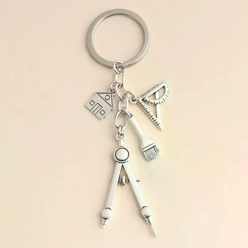 1pc Home Silver Color Keychain Building Triangular Ruler Painting Compass For Architects Engineers Drawing Gifts Jewelry