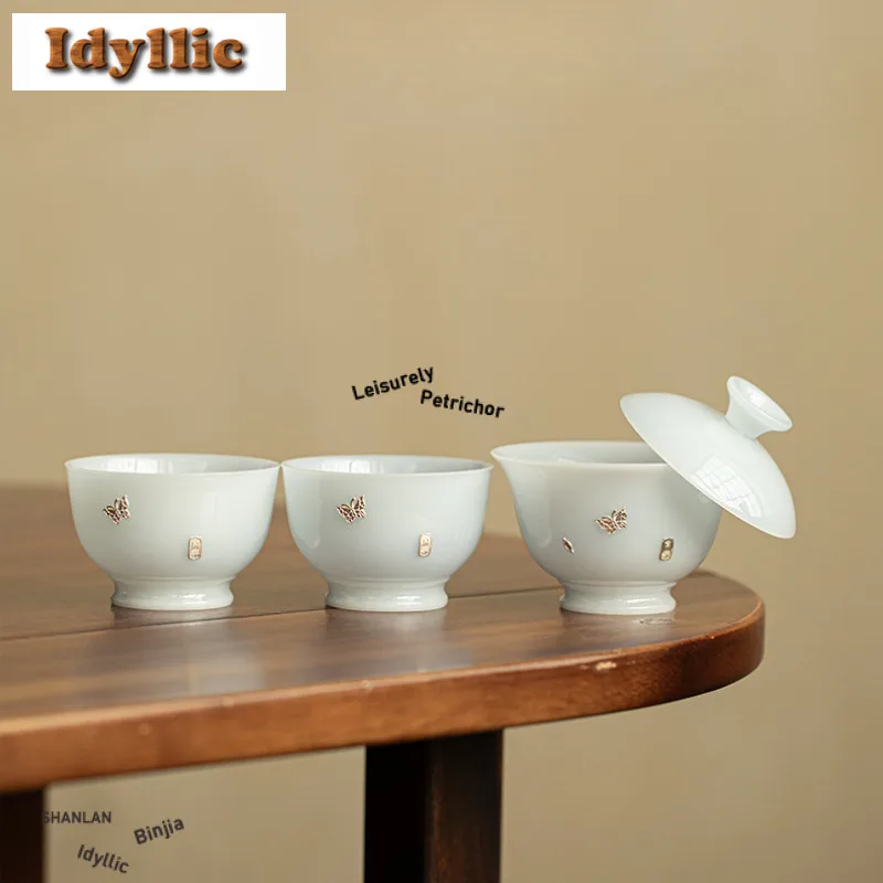 

Jade Ice Seed Sier Butterfly Light Blue Tea Set Complete Set Traditional Tea Ceremony Set Teapot And Tea Cup Set Drinkware Craft