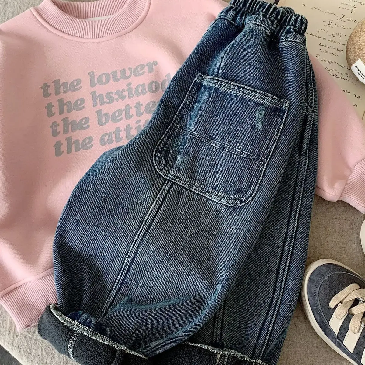 Boys Winter Fleece Lined Jeans Kids Warm Loose Integrated Velvet Denim Pants Toddler Casual Trousers Children Clothing