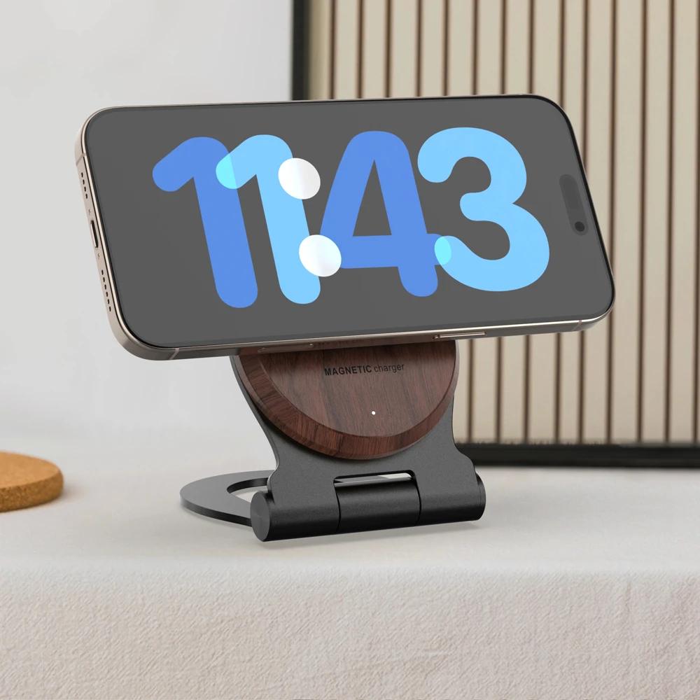 Eco-friendly wholesale Phone Accessories 15W fast Walnut wood wireless magnetic charger with folding metal Stand