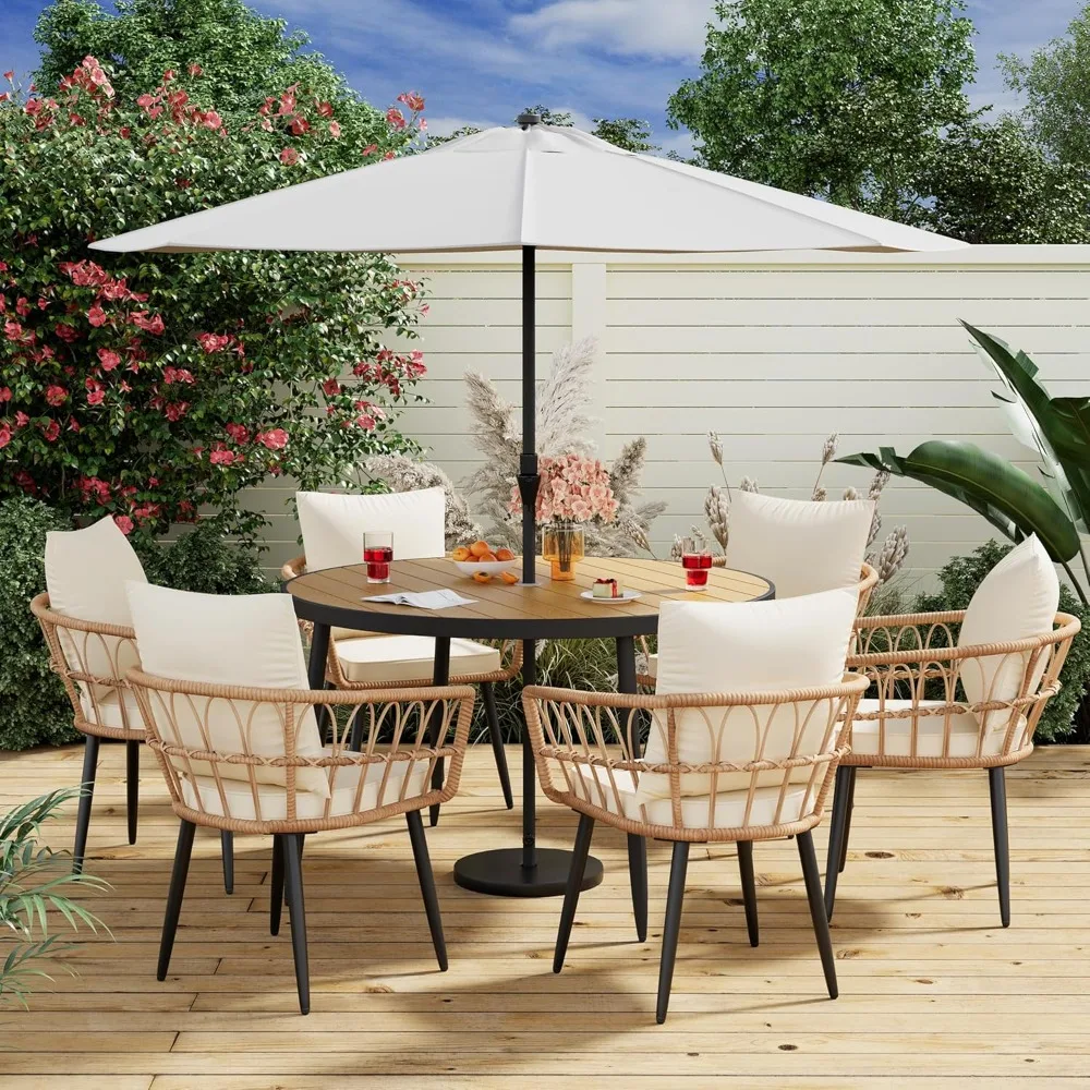 

Outdoor Dining Set,All-Weather PE Rattan Patio with Wood Table Top, and Chairs for with Removable Cushion,Outdoor Dining Set