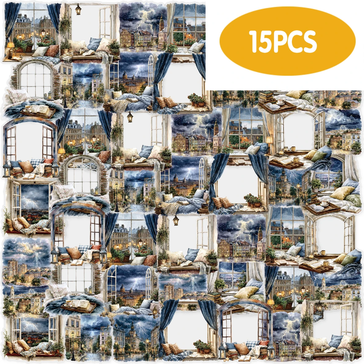 

Etori Life Window Lighting and Thunder 15Pcs Window Night Stickers Romantic Atmosphere Journal Decoration for Laptops, Phone Stickers, Pencil Cases, Stamp Stickers, Handmade Scrapbook Supplies, DIY Crafts, Room Decoration, Gift Box Packaging, Student Gift