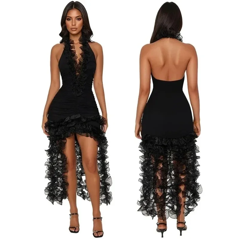 مثير المرقعة غير النظامية الكشكشة فستان طويل للنساء الرسن أكمام عالية الخصر تقسم سستة Bodycon فساتين الإناث جديد