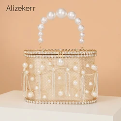 Alizekerr Diamond Tassel Evening Bags Women Gorgeous Unique Hollow Out Pearl Metal Cage Clutch Purses And Handbags Wedding Party