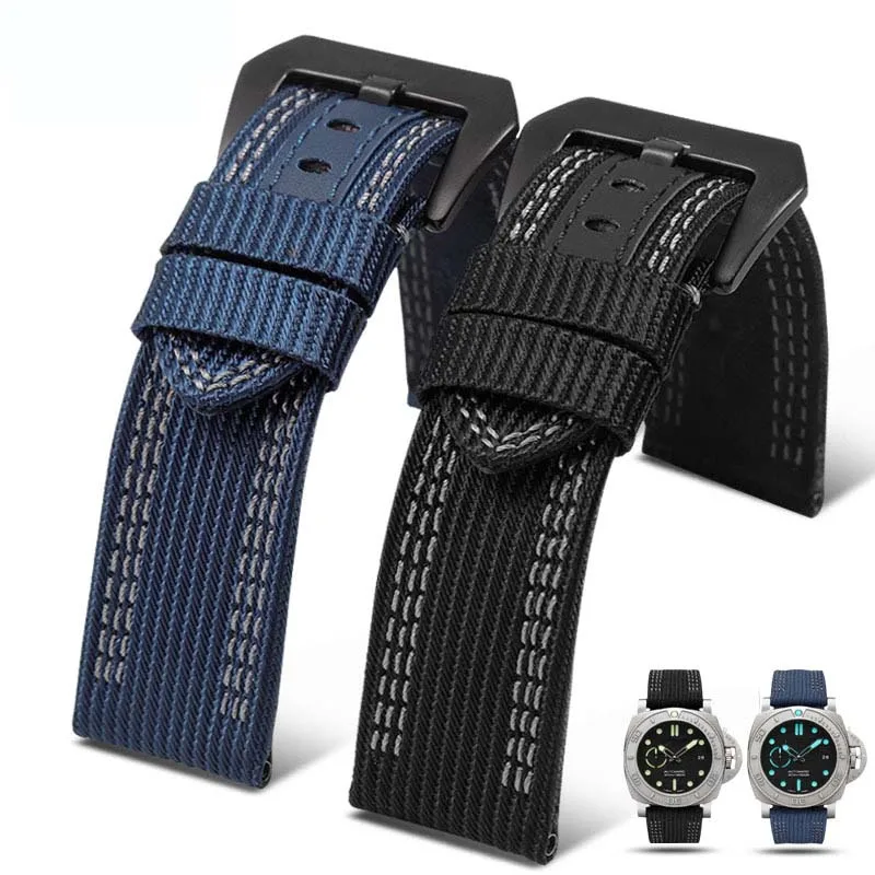 High Quality Canvas Watchband For Panerai PAM441 PAM111 PAM00984 PAM00985 wristband nylon straps 22mm 24mm 26mm black blue BAND