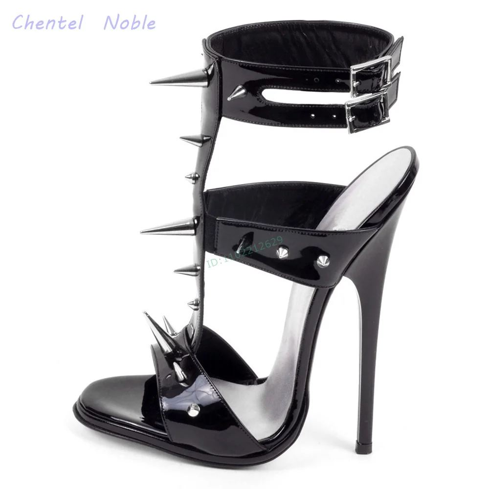 Black Patent Leather Sandals Pointed Rivets Metal Spikes Round Toe Women Stiletto Thin High Heels Summer Shoes Arrivals Party