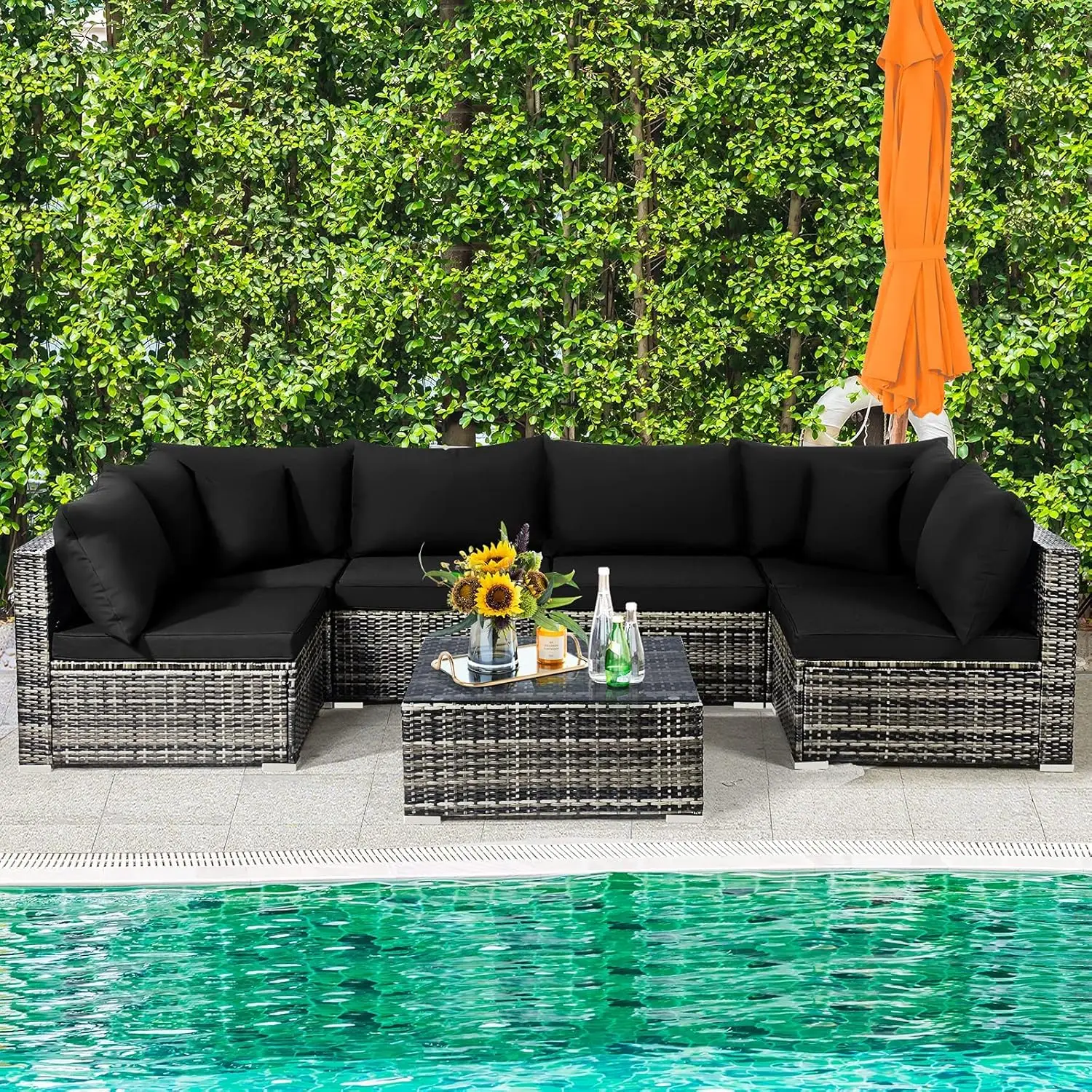 

7 Pieces Patio Rattan Furniture Set, Patiojoy Outdoor Conversation Set with Cushions and Tempered Glass Coffee Table