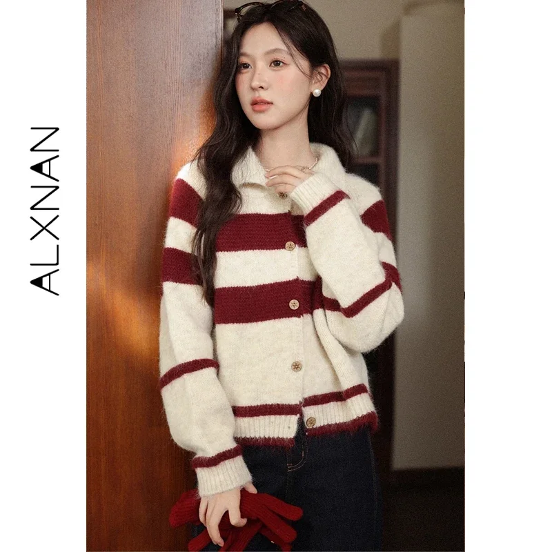ALXNAN Red Striped Cardigan Women Lapel Long Sleeve Knitted Sweater Vintage Wooden Button Fall Winter Warm Casual Tops L59002