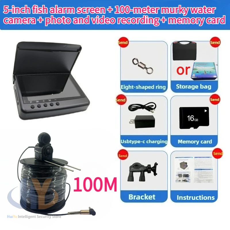 5 Fish Finder Underwater Fishing Camera 100M Cable, IP68 Waterproof Video Finder, Fish Alarm & Recording for Ice Boat Fishing