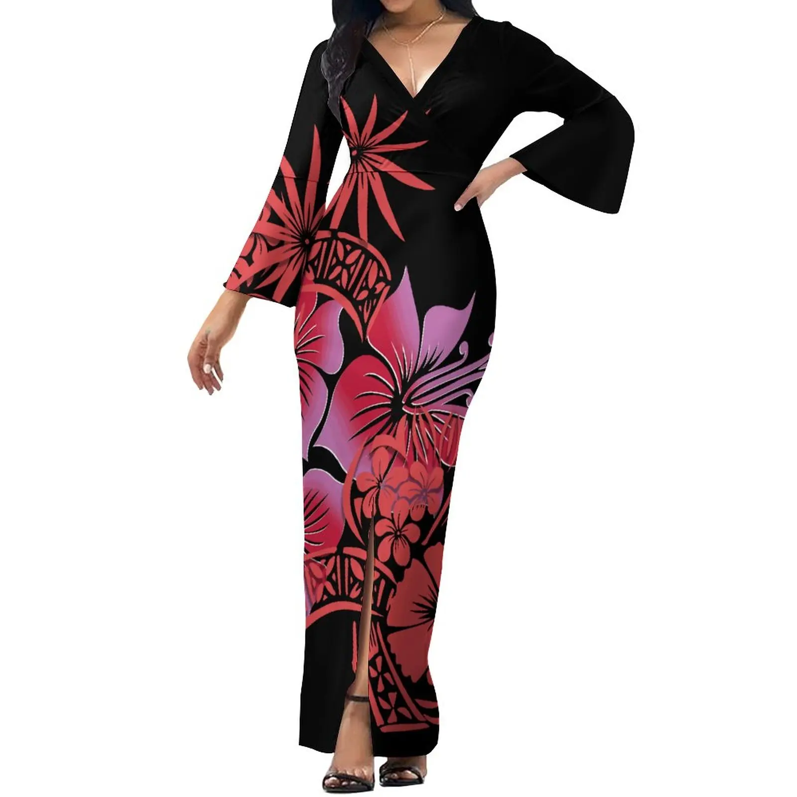 

2023 Polynesian Custom Patterned Women's Dress Casual Maxi Dress Elegant V-neck Fashion Temperament Maxi Dress