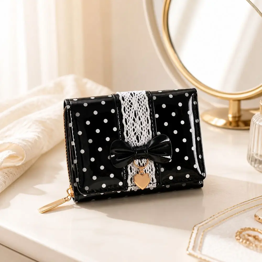 New PU Wallet Tri-Fold Wallet PU Glossy Finish Coin Purse Bow Decoration Tri-Fold Structure Money Purse Women's Wallet