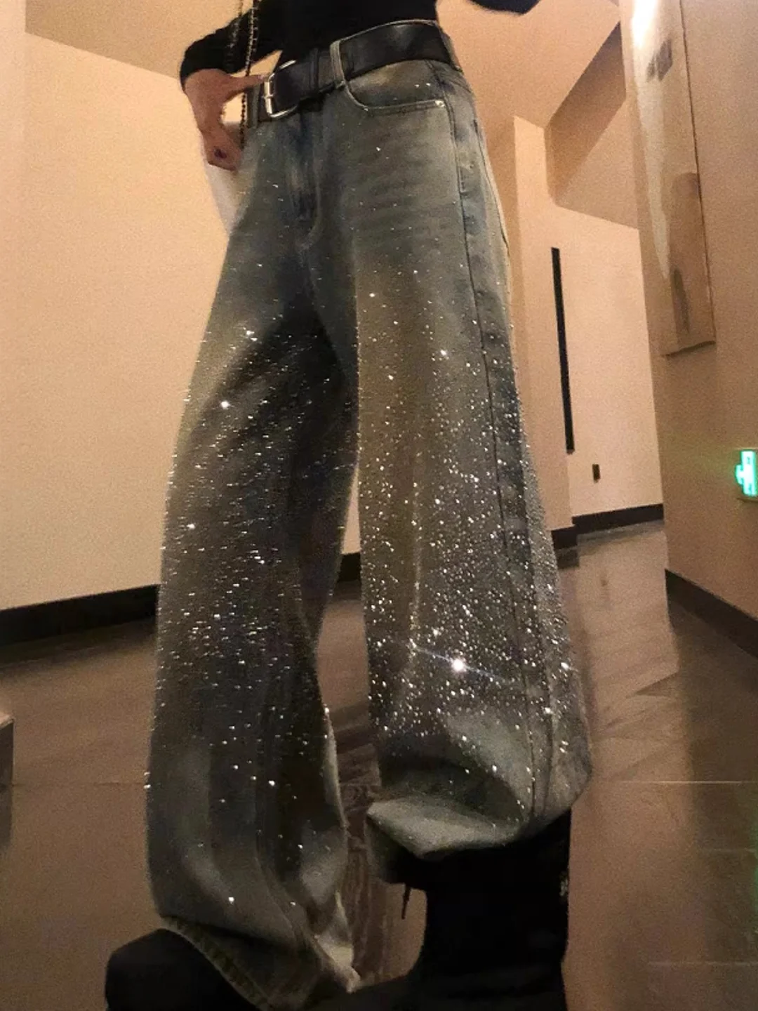 

Весна 2026, женские повседневные блестящие широкие джинсы, джинсовые брюки с высокой талией, повседневные брюки длиной до пола со сверкающими бриллиантами