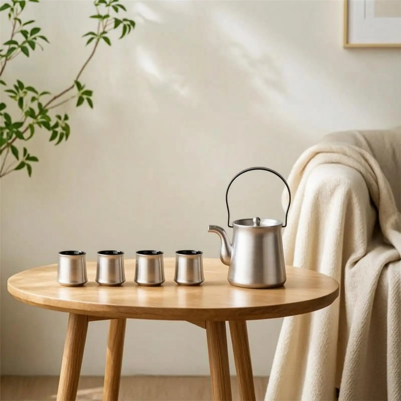 Stylish Silver Ceramic Drinkware Tea Set Teapot and Cups Minimalist Display Decor for Modern Interior Styling