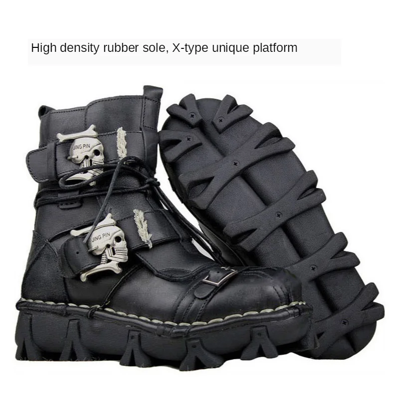 New Men\'s Genuine Leather Motorcycle Boots Tactical Combat Boots Mid-calf Gothic Skull Boots Red Punk Cowboy Boots Buckle Strap